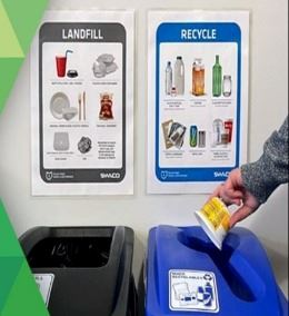 A recycling and landfill bin