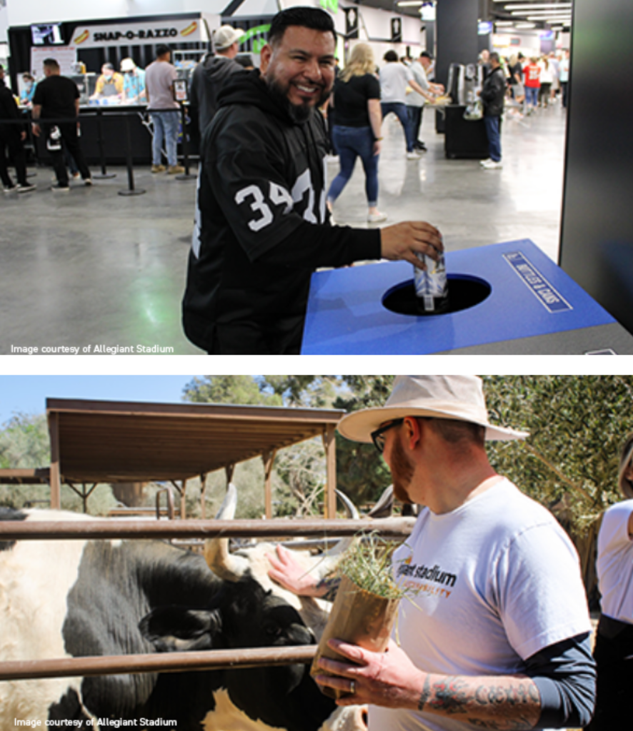 A man recycling a bottle, and a man feeding a cow.