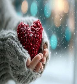 Hands holding a red crocheted heart.