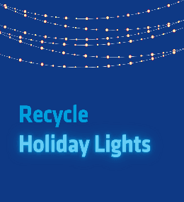 String lights on a blue backdrop with text that reads "Recycling Holiday Lights"