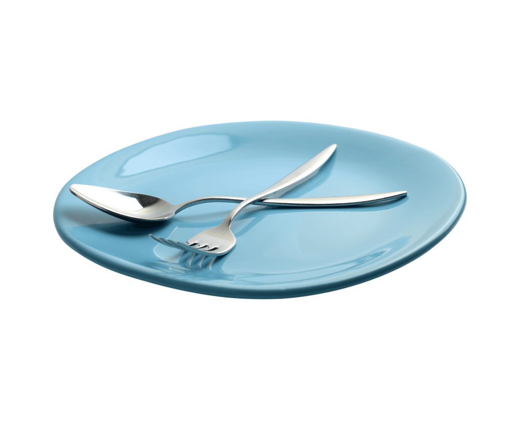 Blue plate with a spoon and fork on it.