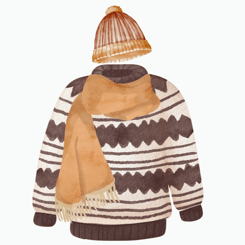 A sweater, scarf, and knitted beanie
