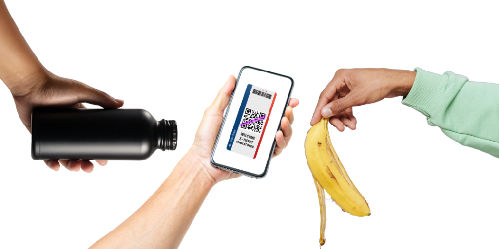 Hands holding a reusable water bottle, a phone, and a banana peel